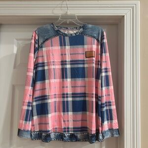 Plaid Long Sleeve Sweater Tee - Pink and Blue